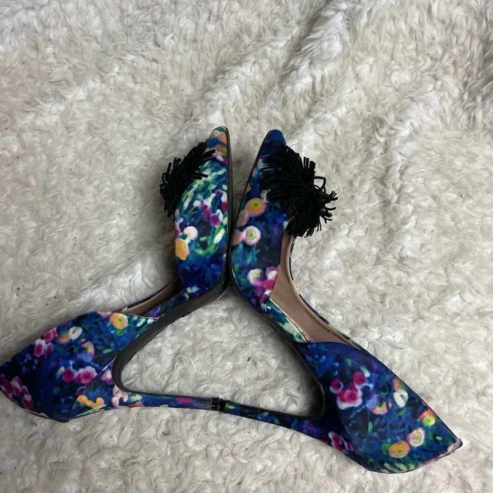 Betsey Johnson Hallye Fabric multi  color slip on heels black pompon accent SZ8